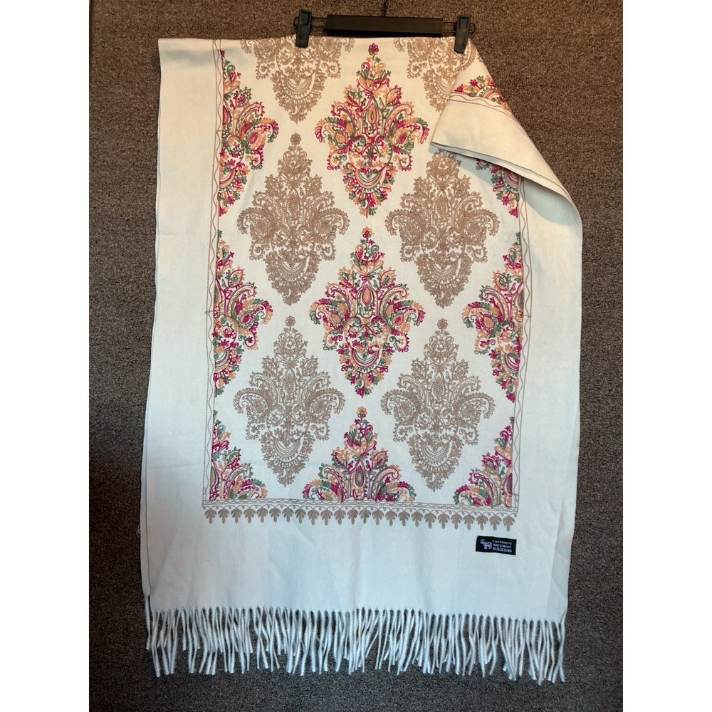 Floral Cream Embroidered 100% Cashmere Scarf/Shawl 71'' x 27'' READ LUXE BOHO